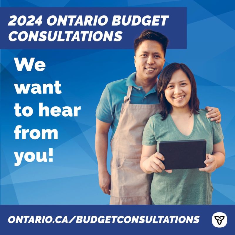 couple holding a tablet with text that says we want to hear from you. 2024 ontario budget consultations